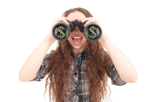 Chica joven feliz con prismáticos y signo de dólares — Foto de Stock