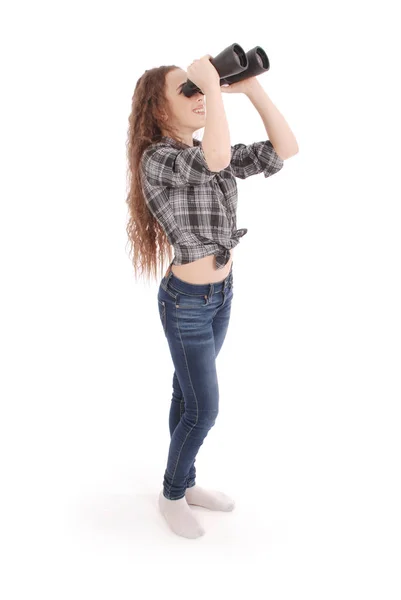 Attractive smiling young girl with binoculars — Stock Photo, Image