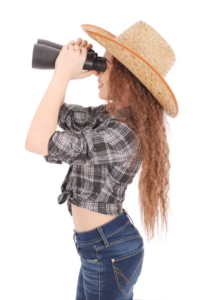 Attractive smiling young girl with binoculars — Stock Photo, Image