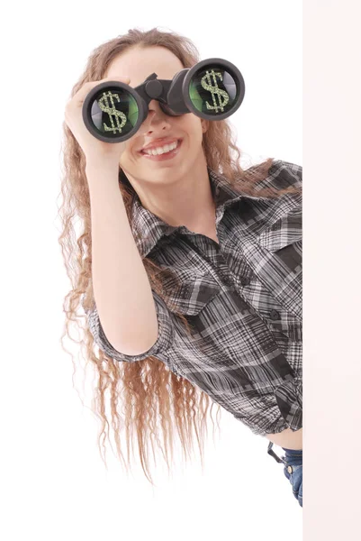 Chica joven feliz con prismáticos y signo de dólares — Foto de Stock