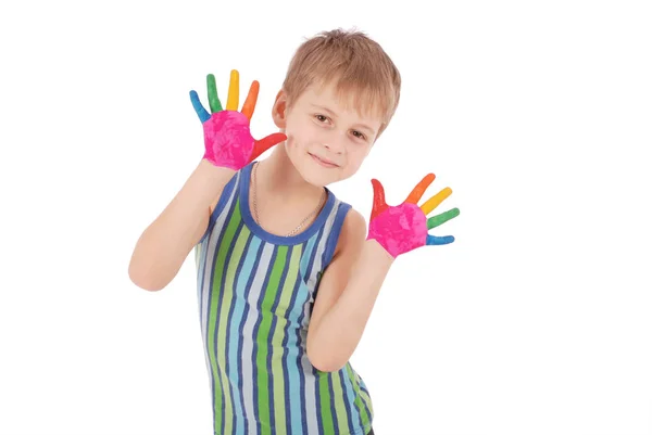 Bellissimo bambino con le mani nella vernice — Foto Stock