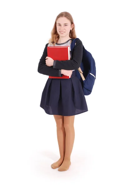 Eğitim, insanlar, genç ve okul kavramı - genç okul kız kırmızı bir kitapla ayakta — Stok fotoğraf