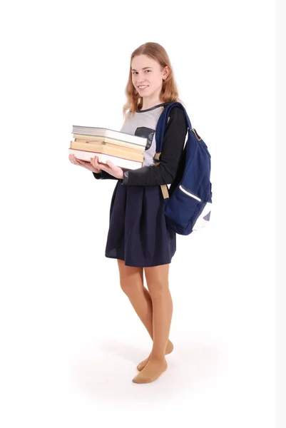 Istruzione, persone, adolescente e il concetto di scuola - adolescente ragazza della scuola in piedi con un libro pila . — Foto Stock