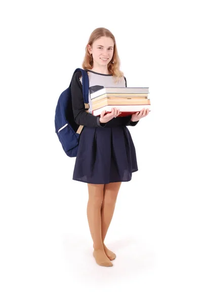 Istruzione, persone, adolescente e il concetto di scuola - adolescente ragazza della scuola in piedi con un libro pila . — Foto Stock