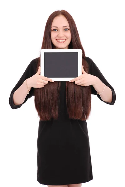 Ragazza adolescente tiene tablet computer — Foto Stock