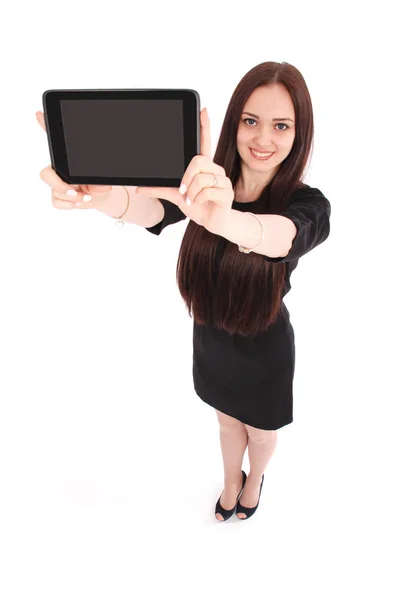 Heureux adolescent étudiant fille vue d'en haut et montrant une tablette — Photo