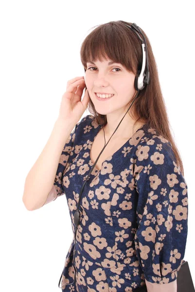 Hermosa chica estudiante operador de servicio al cliente con auriculares — Foto de Stock