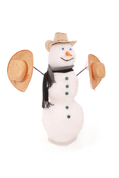 Fehér hóember három kalap és sál. — Stock Fotó