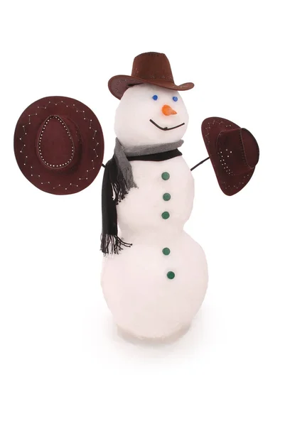 Fehér hóember három kalap és sál. — Stock Fotó