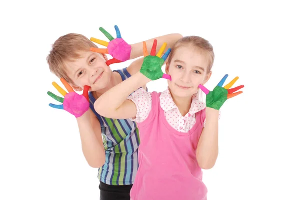 美丽的小的男孩和女孩双手插在油漆 — 图库照片