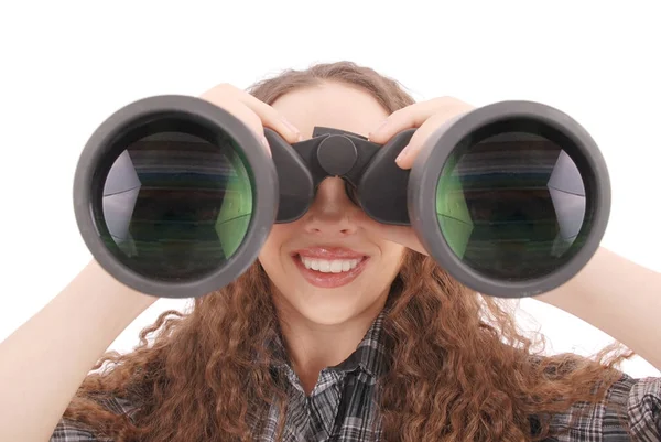 Aantrekkelijke lachende jong meisje met een verrekijker — Stockfoto