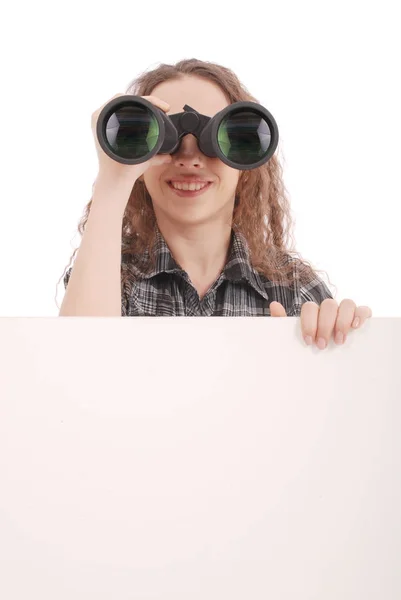 Attractive smiling young girl with binoculars — Stock Photo, Image