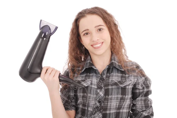 Saç kurutma makinesi ile genç kız — Stok fotoğraf