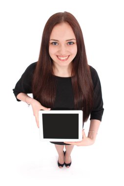 Tablet pc ile mutlu öğrenci genç kız