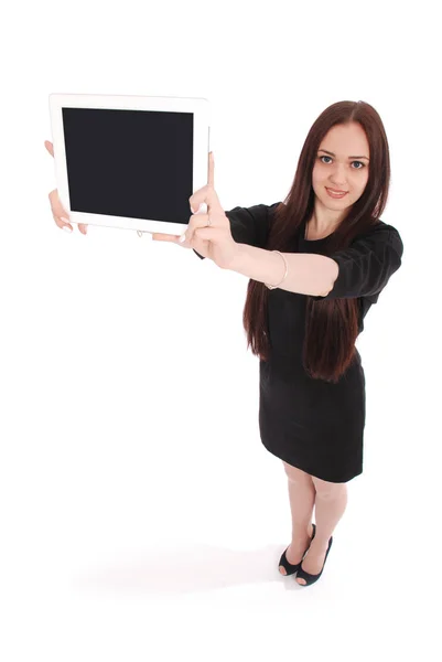 Felice studente adolescente ragazza vista dall'alto e mostrando un tablet — Foto Stock