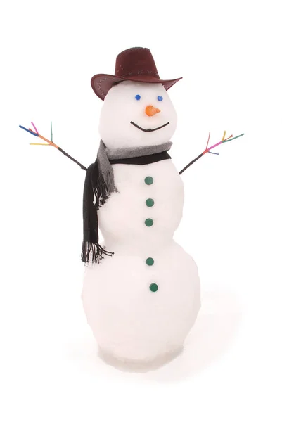 Muñeco de nieve blanco con bufanda y sombrero de sheriff . —  Fotos de Stock