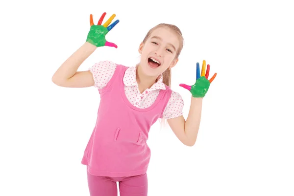 Beautiful little girl with hands in the paint — Stock Photo, Image