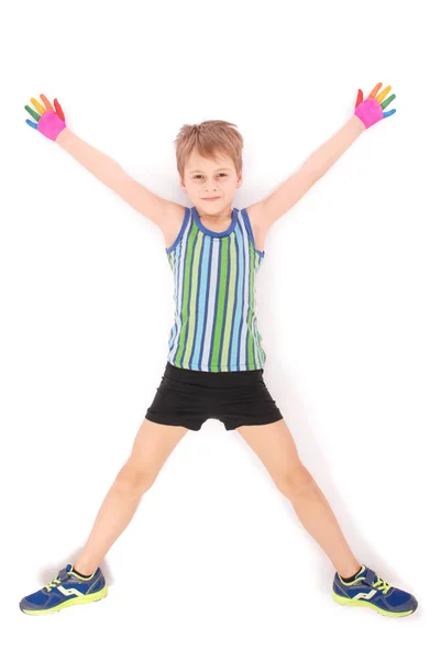 Vacker liten pojke med händer i färg — Stockfoto