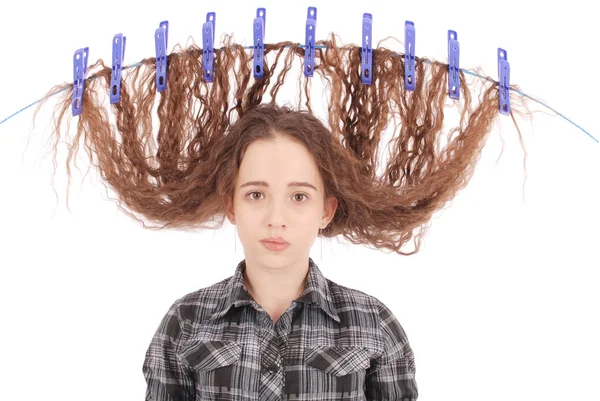 Girl drying her hair on a rope. — Stock Photo, Image