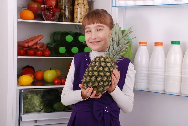 Beautiful  girl near the Fridge with healthy food. — Stock Photo, Image