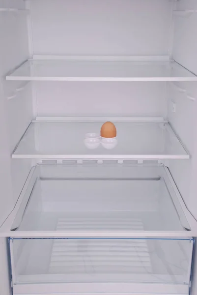 Ένα αυγά σε ανοιχτό άδειο ψυγείο. — Φωτογραφία Αρχείου