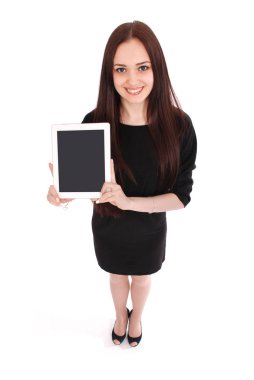 Mutlu öğrenci genç kız görünümünden yukarıdaki ve bir tablet gösterilen 