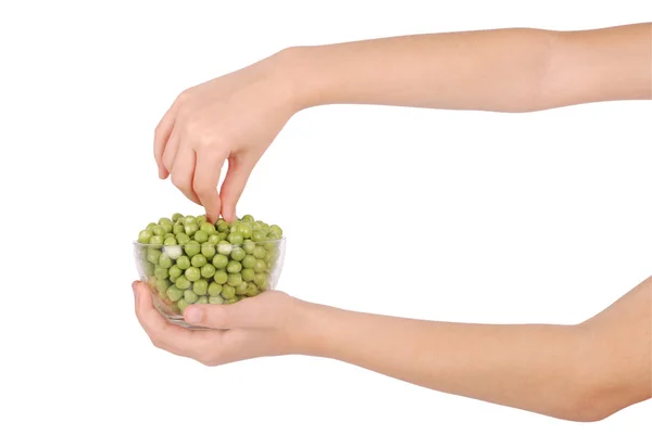 Fresh green peas in bowl isolated on white — Stock Photo, Image