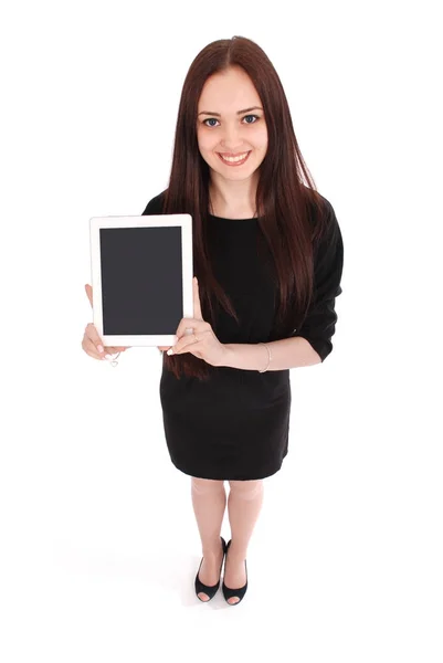 Feliz estudiante adolescente vista desde arriba y mostrando una tableta — Foto de Stock