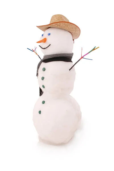 Pupazzo di neve bianco con sciarpa e cappello da cowboy . — Foto Stock