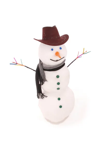 Witte sneeuwpop met sjaal en Sheriff's hat. — Stockfoto
