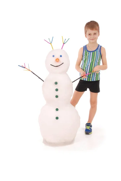 Carino ragazzo con pupazzo di neve — Foto Stock