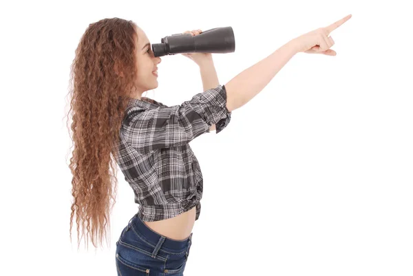 Attractive smiling young girl with binoculars — Stock Photo, Image