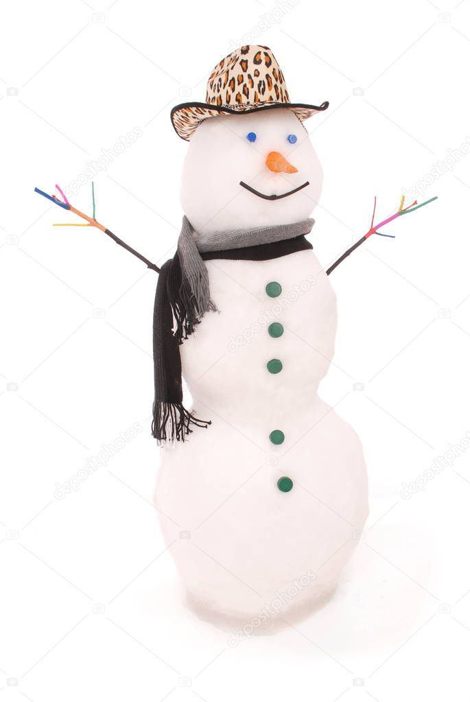 White snowman with scarf and Panther hat. 