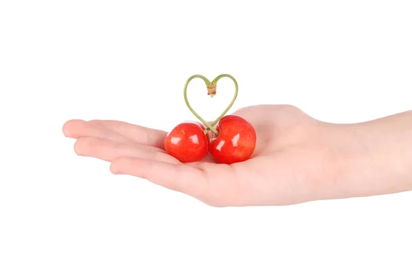 Pair of sweet cherry fruits with heart shaped stem on hand — Stock Photo, Image