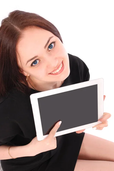 Sonriente estudiante adolescente mostrando una aplicación tableta —  Fotos de Stock
