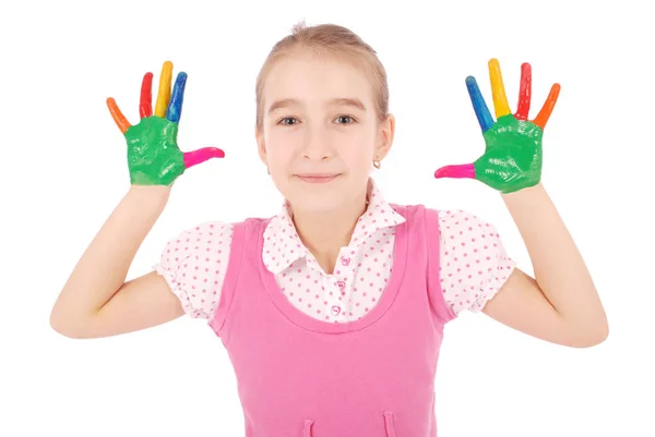 Beautiful little girl with hands in the paint — Stock Photo, Image