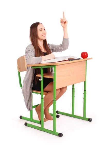 Tiener school meisje verhogen hand vraag — Stockfoto