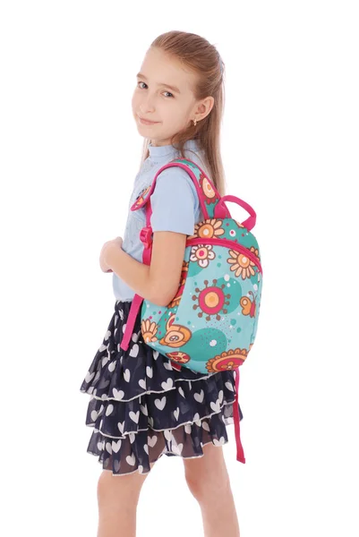 Porträt eines lächelnden Schulmädchens mit Rucksack — Stockfoto