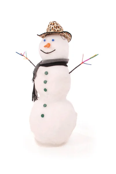 Pupazzo di neve bianco con sciarpa e cappello Pantera . — Foto Stock