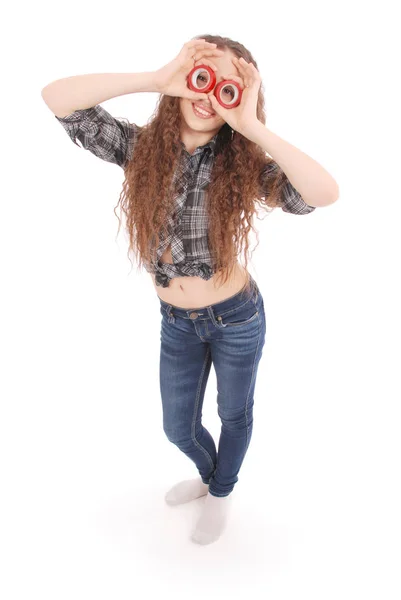 Portrait of a funny young girl looking at camera through insulating tape — Stock Photo, Image