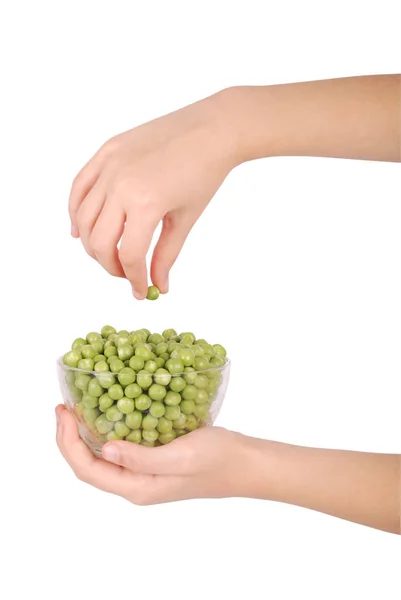 Fresh green peas in bowl isolated on white — Stock Photo, Image