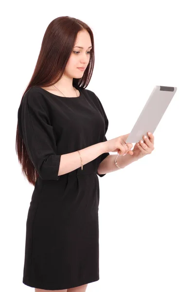 Glückliches Teenager-Mädchen hält Tablet-PC seitlich stehen — Stockfoto