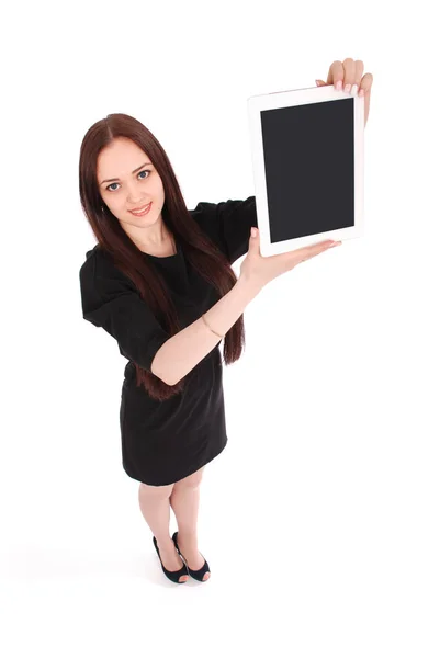 Glückliche Studentin Teenager-Mädchen Blick von oben und zeigt ein Tablet — Stockfoto