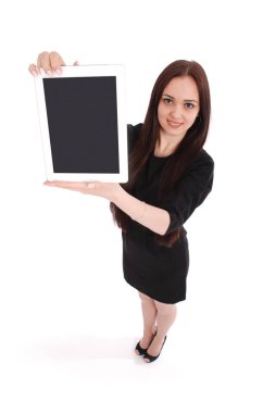 Mutlu öğrenci genç kız görünümünden yukarıdaki ve bir tablet gösterilen 