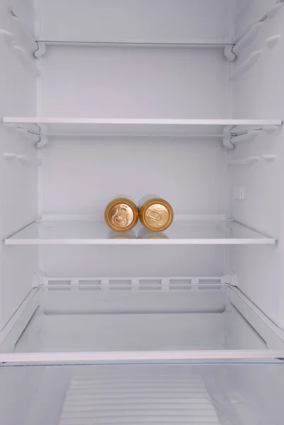 Dos latas de cerveza de metal en el interior en refrigerador limpio vacío — Foto de Stock