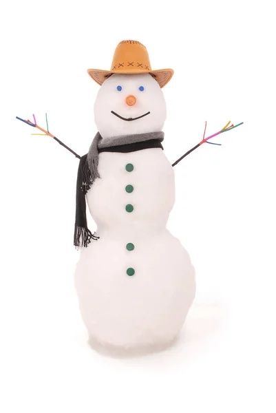White snowman with scarf and Sheriff's hat. — Stock Photo, Image