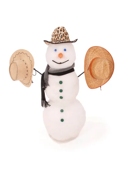 Weißer Schneemann mit Schal und Dreiermütze. — Stockfoto