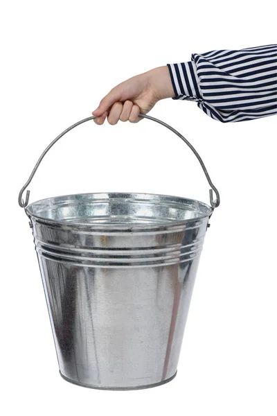 Hands of girl holding metal bucket — Stock Photo, Image