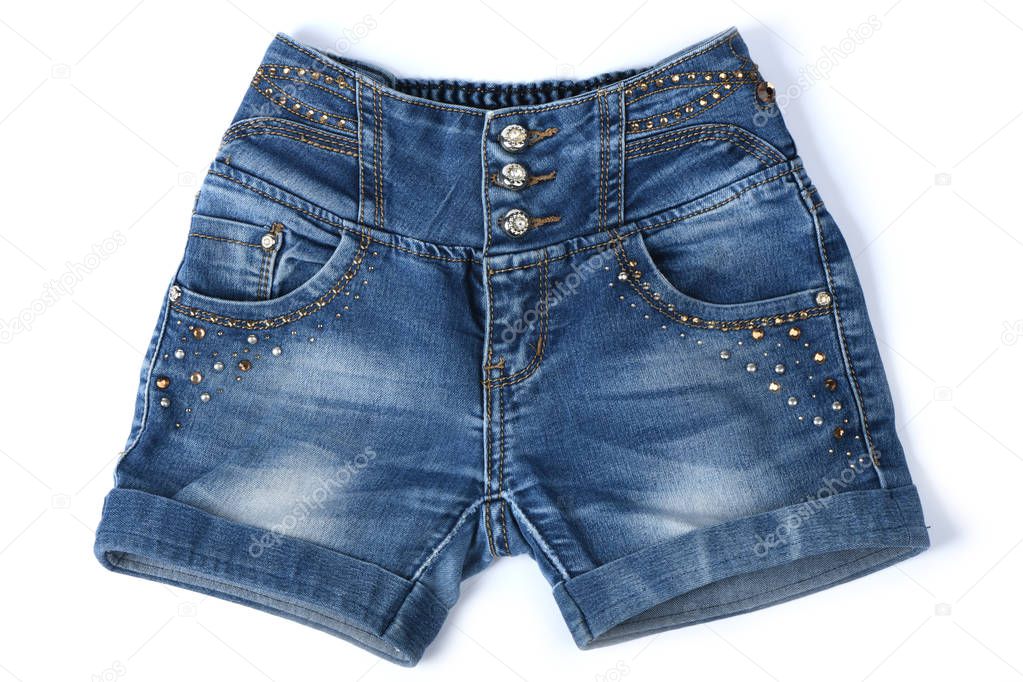 Children jeans shorts isolated on white.
