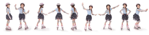 Дев'ять маленьких красивих дівчат на роликових ковзанах — стокове фото